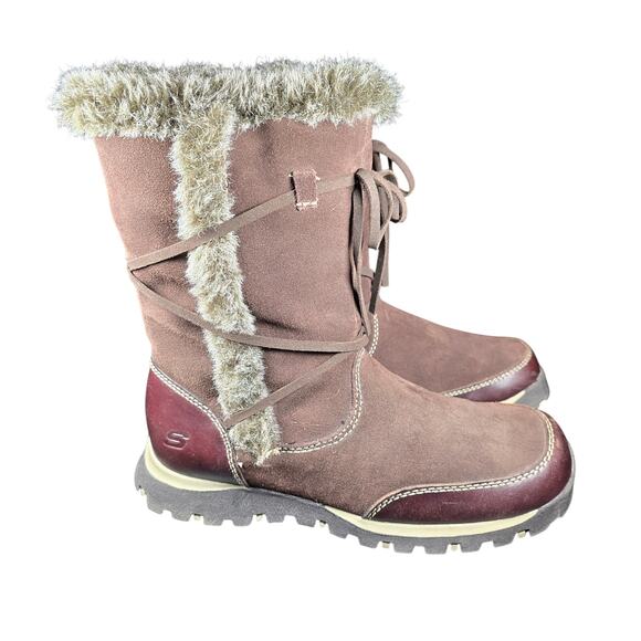 Skechers Suede Leather Brown Faux Fur Lining Zipper Lug sole Boots US Womens 8 - Picture 2 of 9